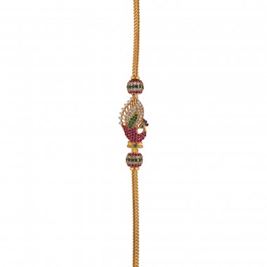 Sleek and Elegant Peacock Gold Mugappu Chain with White Purple Green Stones